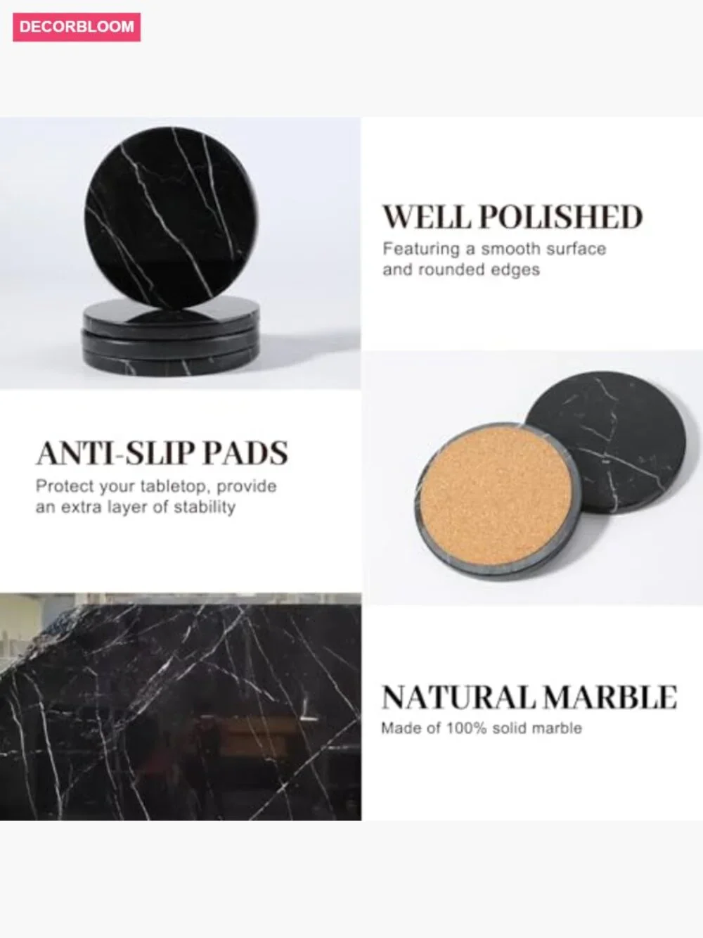 Set of 4 Natural Stone Round Coasters - Heat Resistant Bar